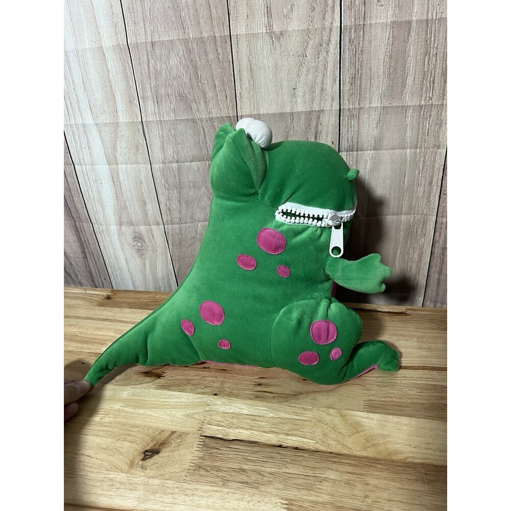 1997 Zip a Gang Dinosaur Plush Zip Up Pouch Green Purple 11”